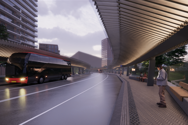 Ontwerp van een perron van het nieuwe busstation Haarlem Zuid met een bus die aan komt rijden