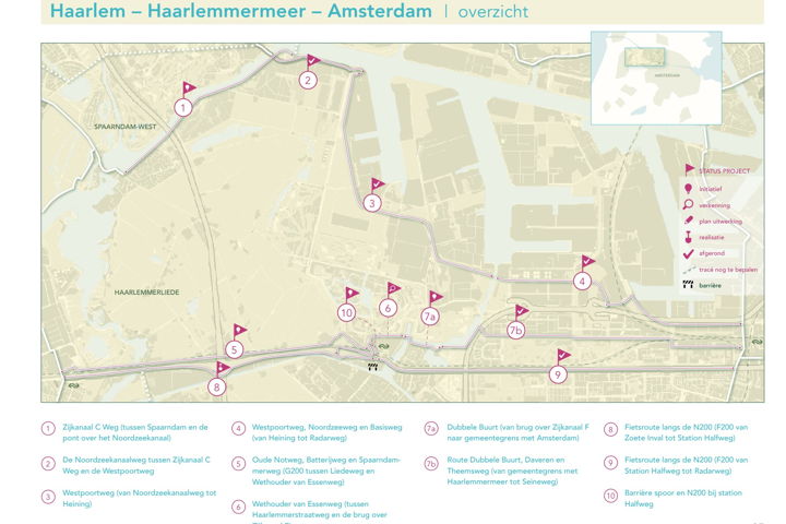 Één van de 13 overzichtskaarten met informatie wat er nog moet gebeuren om fietspaden te verbeteren tot doorfietsroutes.