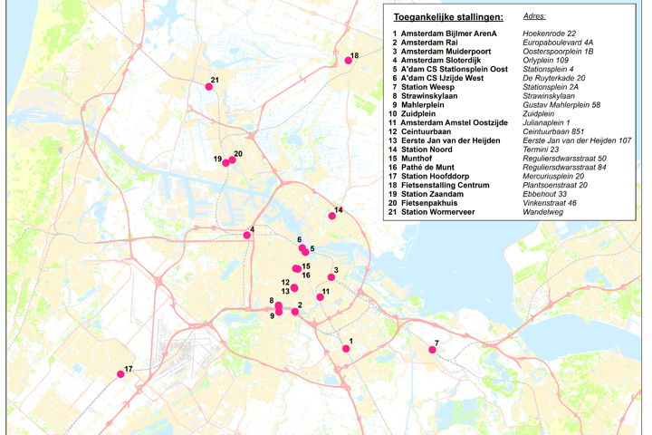 Kaart met toegankelijke fietsenstallingen in de vervoerregio